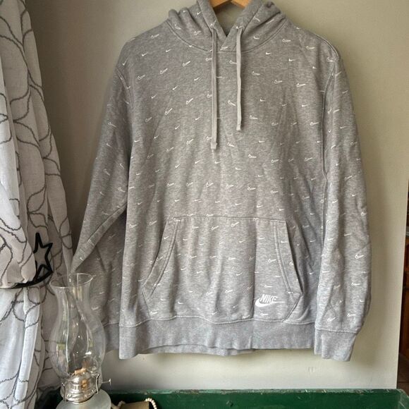 Nike men’s all over print swoosh hoodie size large gray white retro athletic gym - Picture 1 of 8